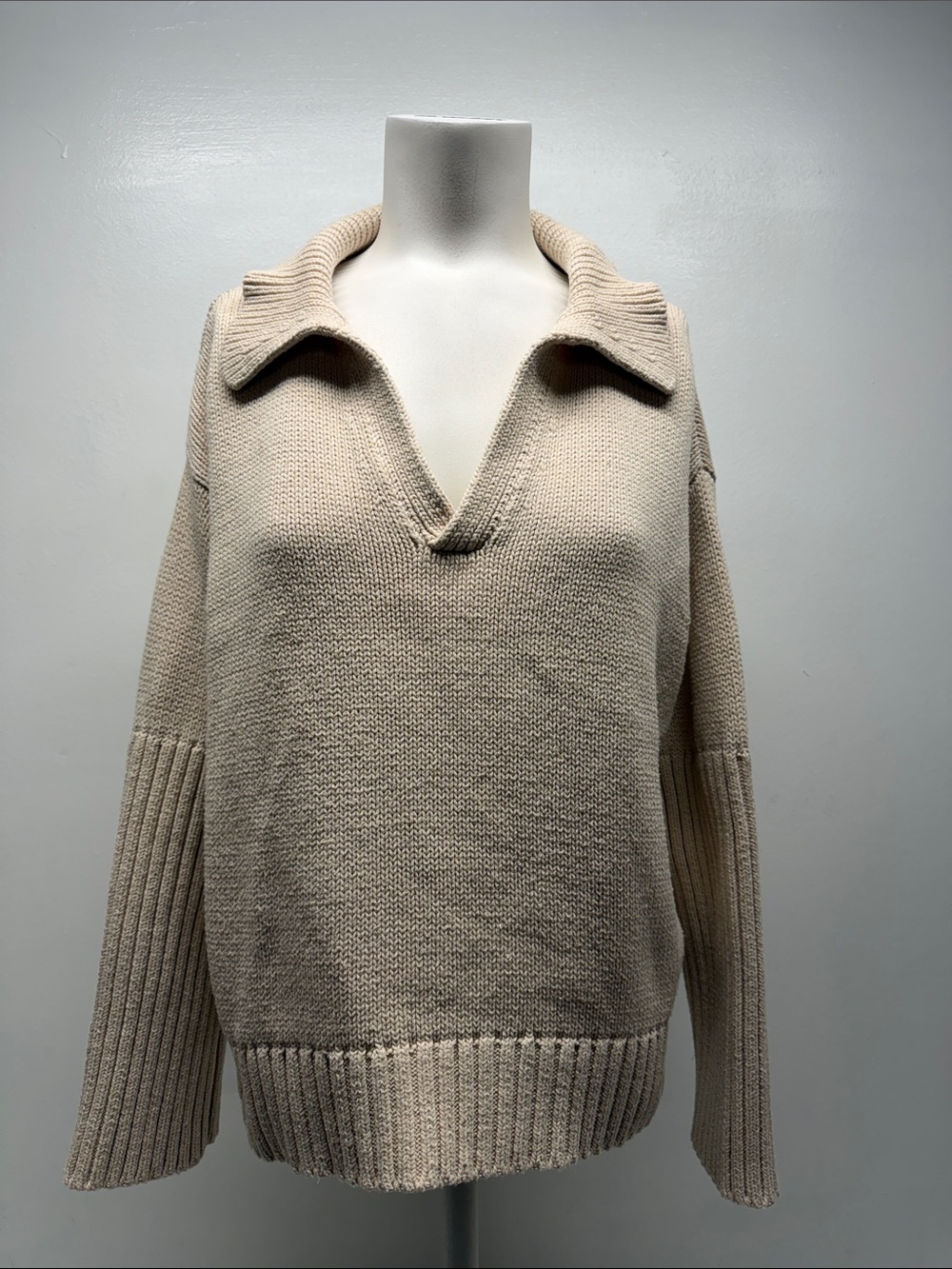 Tuckernuck Sweater Ribbed Knit V Neck Collar Long Sleeve Cotton Beige Size Small